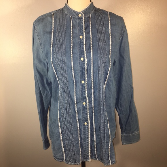 Lauren Ralph Lauren Jeans Co. Cotton Button Up Pin Tuck Long Sleeve Top Size 10 - Picture 2 of 15